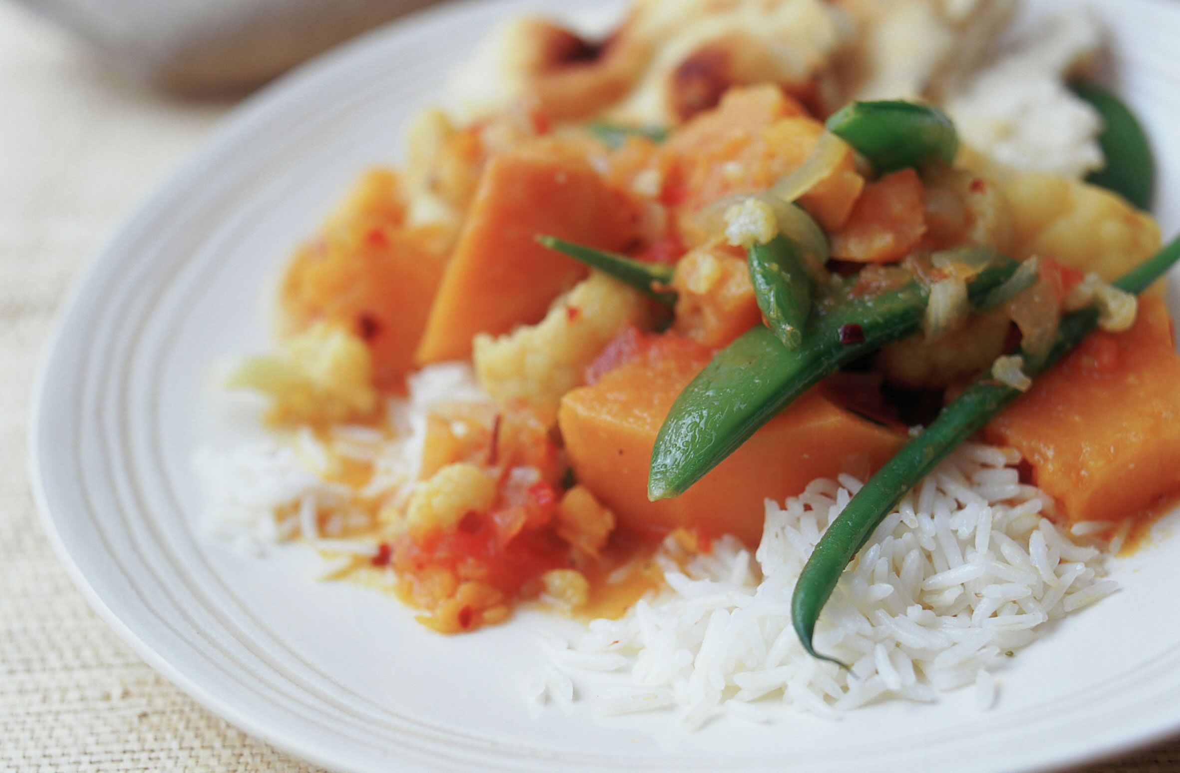 Sweet potato, cauliflower and sugar snap curry recipe