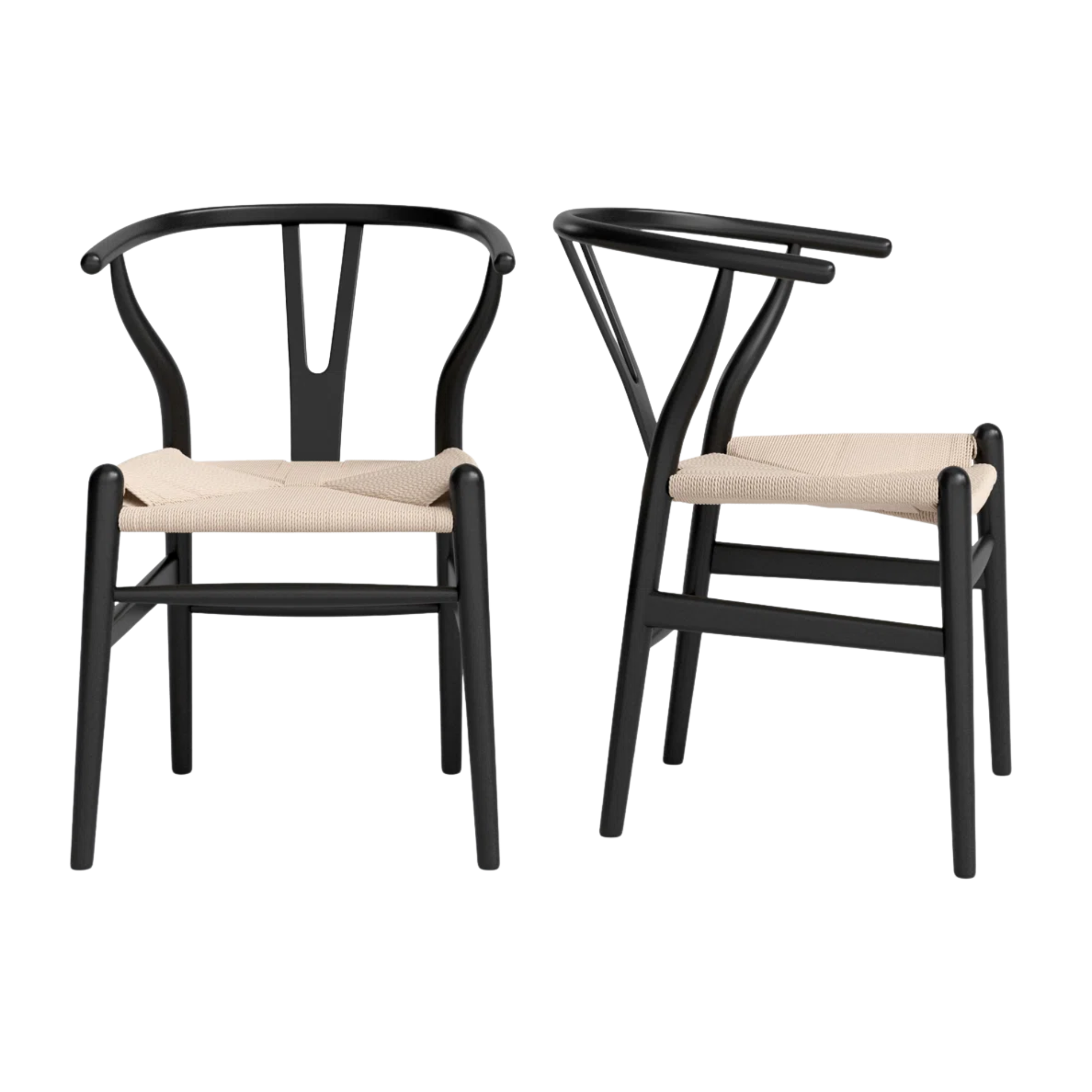 set of two dining chairs with a black frame and a woven seat