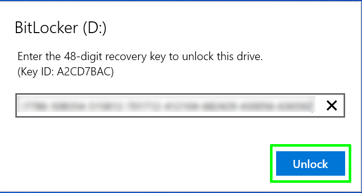 Pegue la clave de recuperación y haga clic en Desbloquear