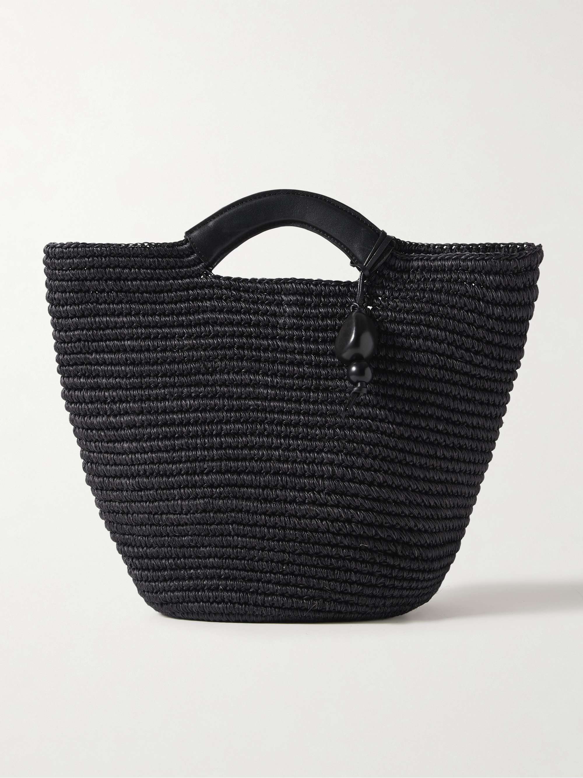 Leather-Trimmed Raffia Tote