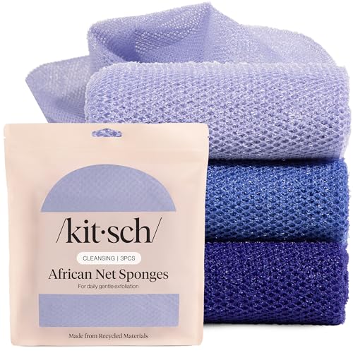 Kitsch African Net Sponge &amp;ndash; Exfoliating Body Scrubber for Cleansing &amp;amp; Gentle Daily Exfoliation &amp;ndash; Stretchable Bath Sponge for Hard-To-Reach Areas, Long-Lasting Shower Essential - Ocean Blue, 3 Pcs