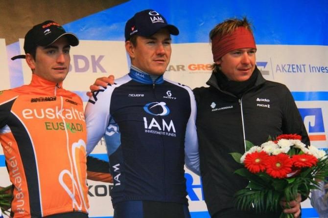 Stage 5 podium from Bayern-Rundfahrt: Juan Jose Lobato (Euskaltel-Euskadi), Heinrich Haussler (IAM Cycling) and Yauheni Hutarovich (Ag2r La Mondiale)