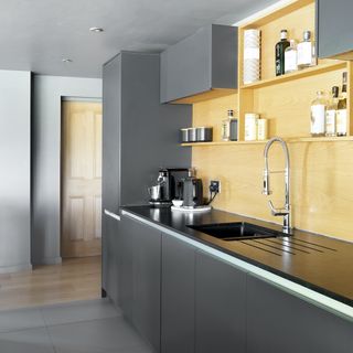 kitchen room with grey wall and sink