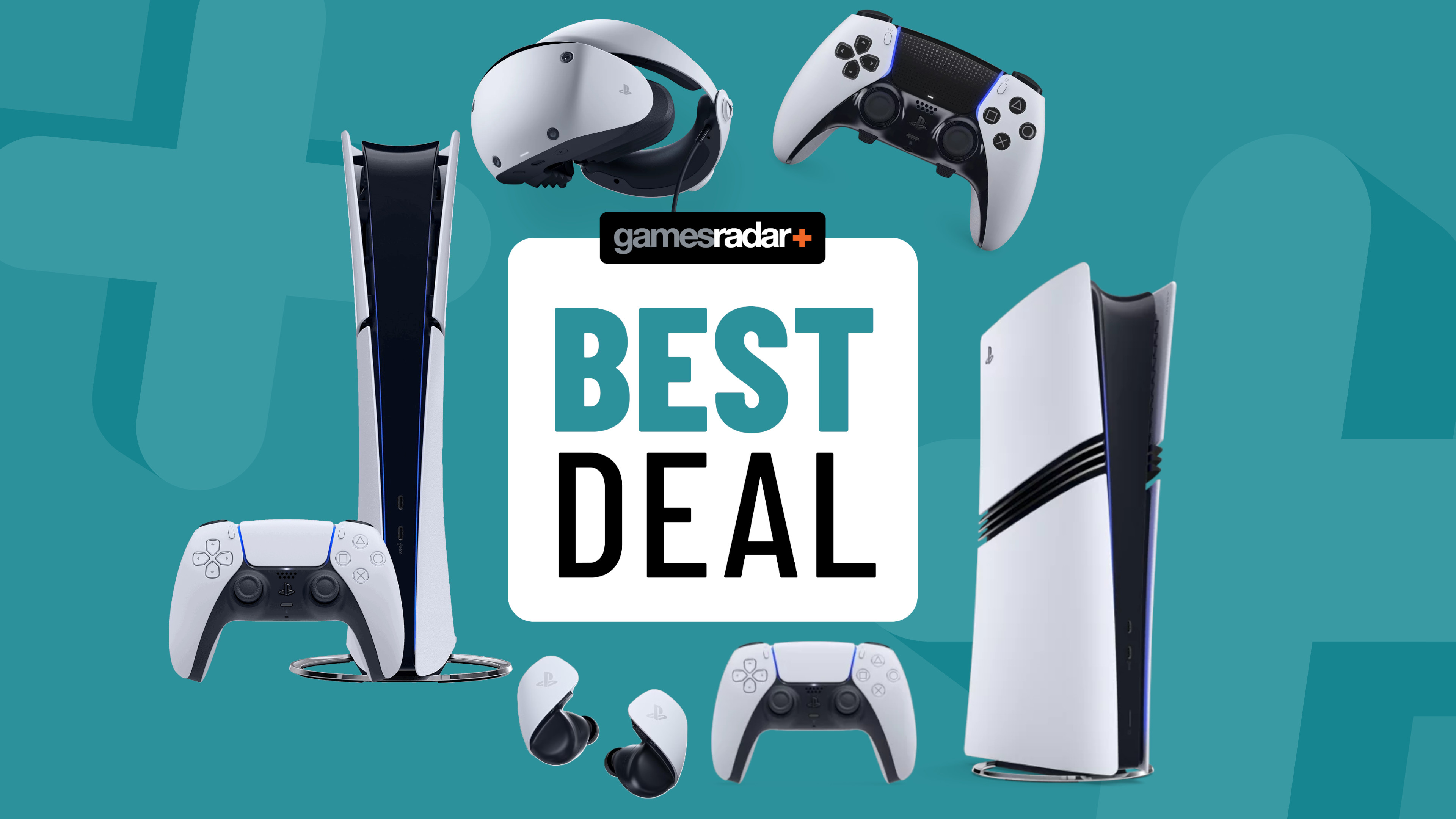 PS5 consoles and accessories on a light blue background with &#039;best deal&#039; badge