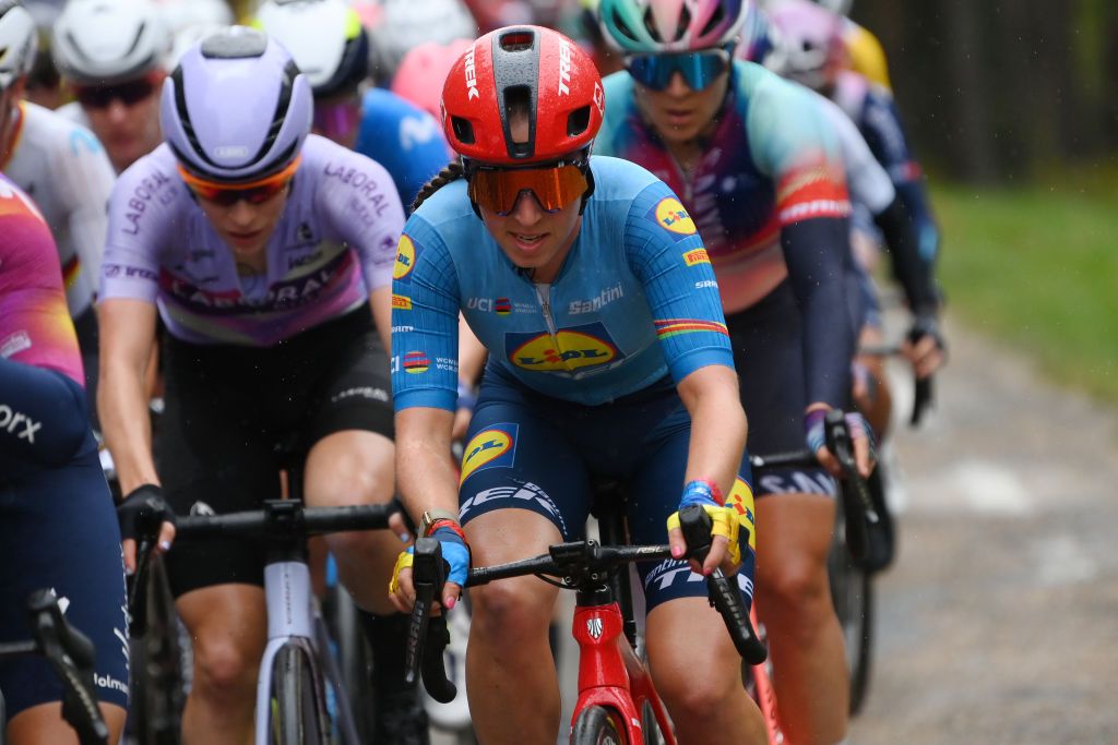 CANICOSA DE LA SIERRA SPAIN MAY 19 Shirin van Anrooij of The Netherlands and Team Lidl Trek UCI Womens WorldTour young blue jersey competes during the 9th Vuelta a Burgos Feminas 2024 Stage 4 a 122km stage from Pearanda de Duero to Canicosa de la Sierra 1144m UCIWWT on May 19 2024 in Canicosa de la Sierra Spain Photo by Alex BroadwayGetty Images