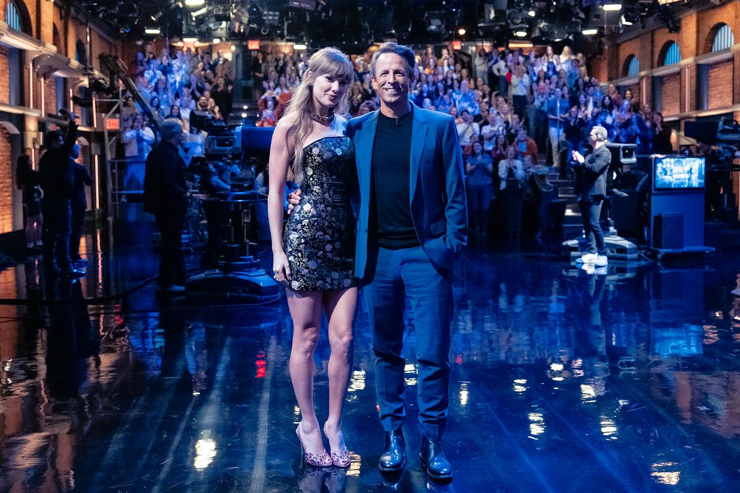Taylor Swift with Seth Meyers on the set of Late Night