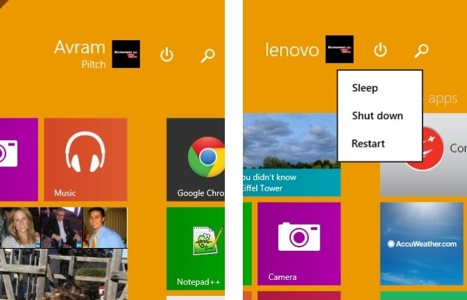 Power Button on Start Screen