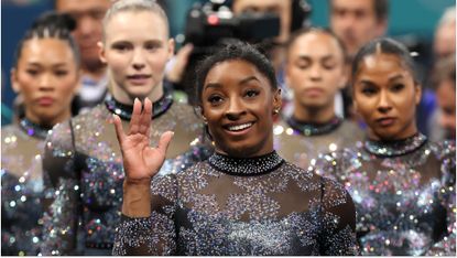 Simone Biles with the United States women&#039;s Olympic team at the Olympic Games Paris 2024.