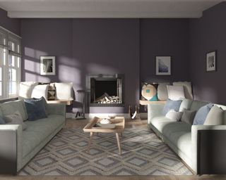 Valspar Forge, a grey/purple shade with cool undertones, in a modern living room