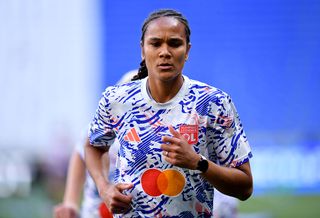 Wendie Renard of Olympique Lyonnais warms up prior to the UEFA Women's Champions League semifinal second leg match between Olympique Lyonnais and Arsenal WFC at OL Stadium on April 27, 2025 in Decines-Charpieu, France.