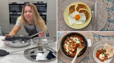 Testing the Lakeland 10-in-1 Only Pan Pro, showing our tester with the pan, pancakes, fried egg, and shakshuka