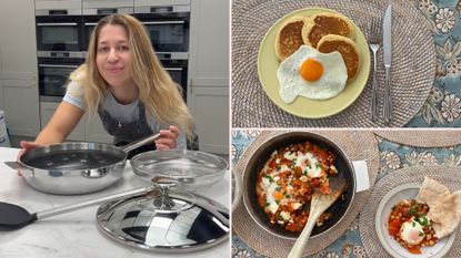 Testing the Lakeland 10-in-1 Only Pan Pro, showing our tester with the pan, pancakes, fried egg, and shakshuka