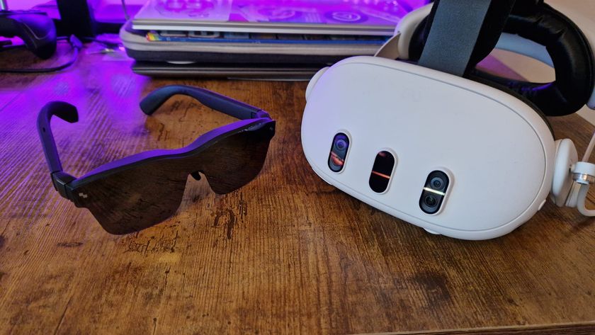 A Meta Quest 3 headset next to a pair of RayNeo Air 2 XR glasses