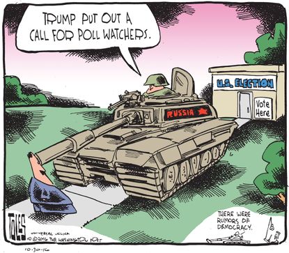 Political cartoon U.S. Donald Trump poll watchers Russia