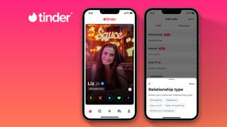 iPhone with various screenshots from Tinder on a pink background