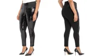a side-by-side of a woman wearing the Eloquii Miracle Flawless Legging with Sequin Front, one of w&h's best plus-size leggings picks, at two different angles