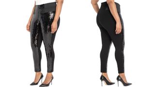 a side-by-side of a woman wearing the Eloquii Miracle Flawless Legging with Sequin Front, one of w&h's best plus-size leggings picks, at two different angles