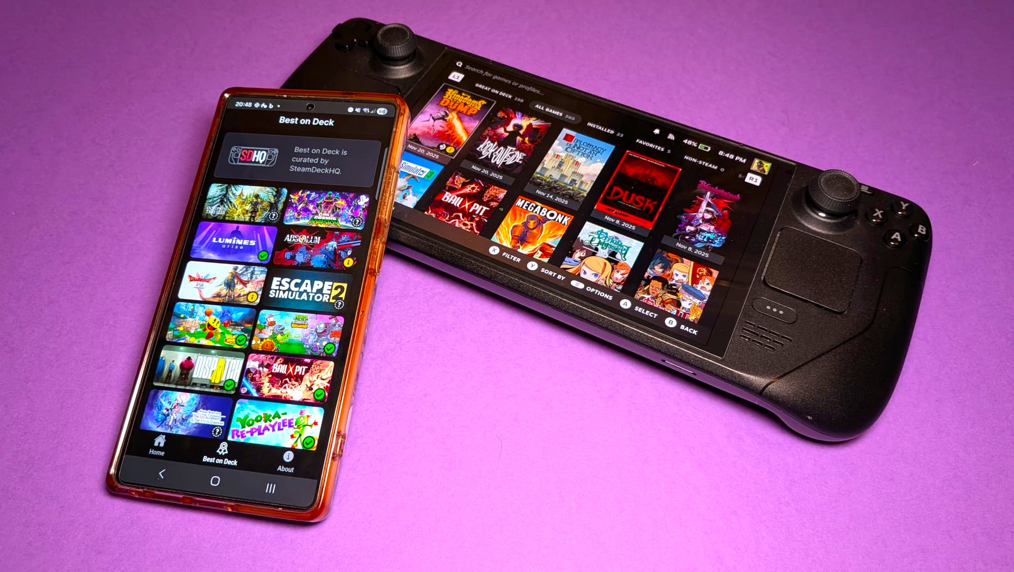 A Steam Deck and a Samsung smart phone 