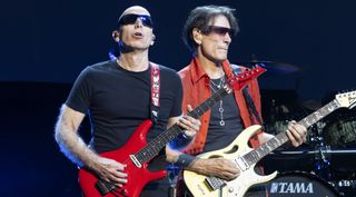 Joe Satriani and Steve Vai perform at Fox Theater on April 04, 2026 in Oakland, California. 