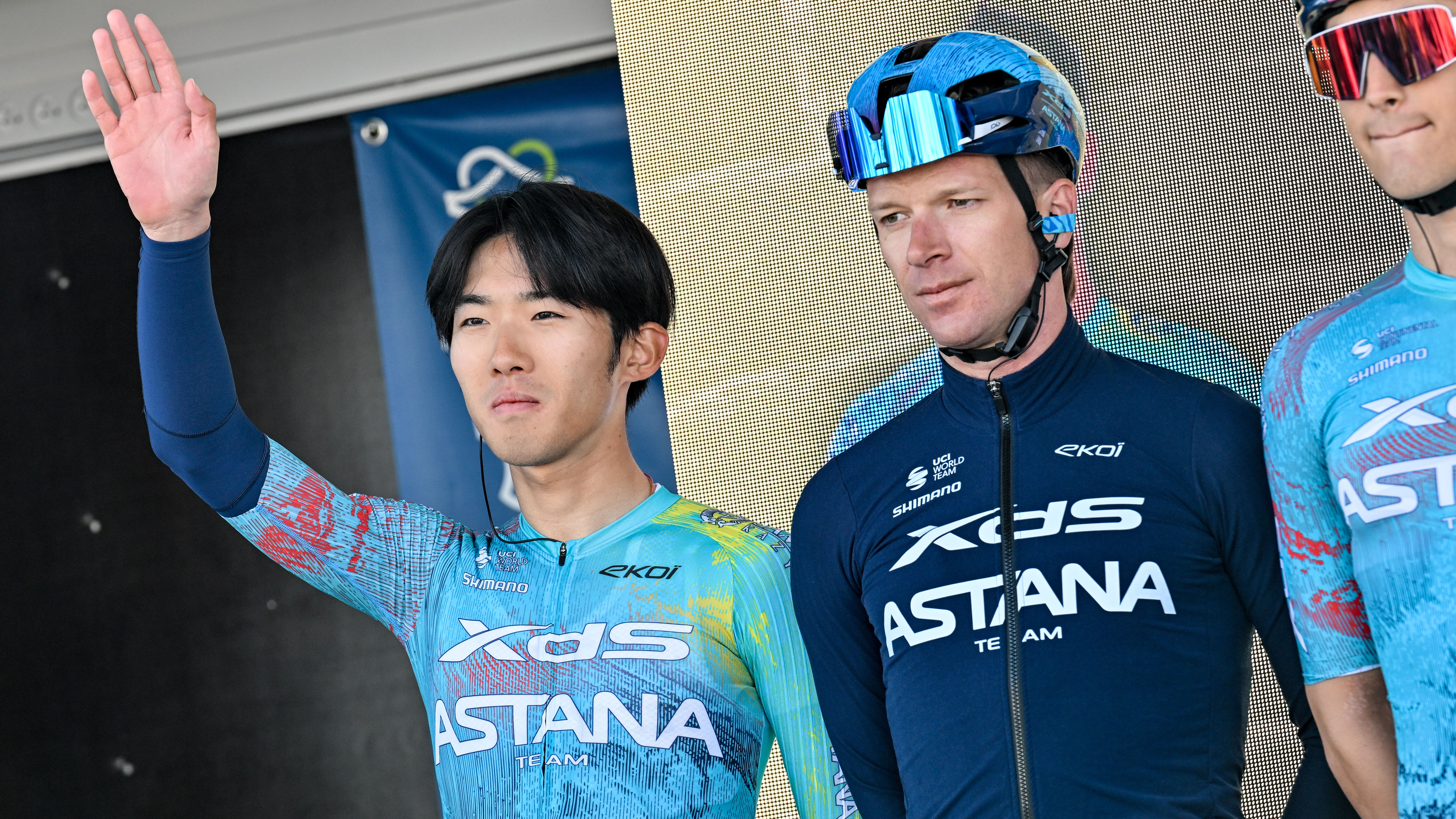 Chinese rider Haoyu Su of the XDS Astana Team participates in the team presentation of the Grand Prix de Denain-Porte du Hainaut (1.Pro) on March 19, 2026.