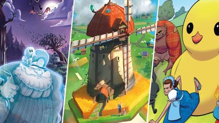 Artwork from Mysterium Kids, Dorfromantik, and Challengers board games divided into thirds
