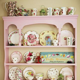 kitchen with pink open shelve