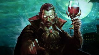 A vampire holding a glass of wine or blood, probably blood, knowing vampires
