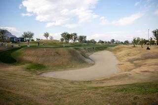 The bunker at the 16th hole of Pete Dye Stadium Course