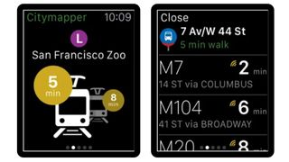 Citymapper interface on two Apple Watch screens
