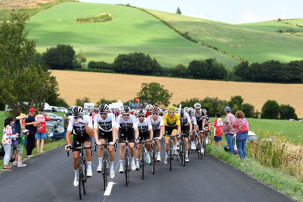 Team Sky line up in front of Geraint Thomas at the Tour de France