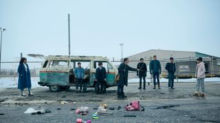 Emmy Raver-Lampman, Elliot Page, Aidan Gallagher, Robert Sheehan, David Castañeda, Tom Hopper, Justin H. Min and Ritu Arya in The Umbrella Academy