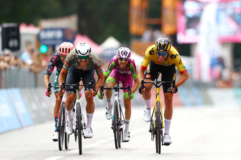 TREVISO ITALY MAY 26 LR Magnus Cort Nielsen of Denmark and Team EF Education Easypost Dries De Bondt of Belgium and Team Alpecin Fenix Davide Gabburo of Italy and Team Bardiani CSF Faizane and Edoardo Affini of Italy and Team Jumbo Visma sprint to win during the 105th Giro dItalia 2022 Stage 18 a 156km stage from Borgo Valsugana to Treviso Giro WorldTour on May 26 2022 in Treviso Italy Photo by Michael SteeleGetty Images