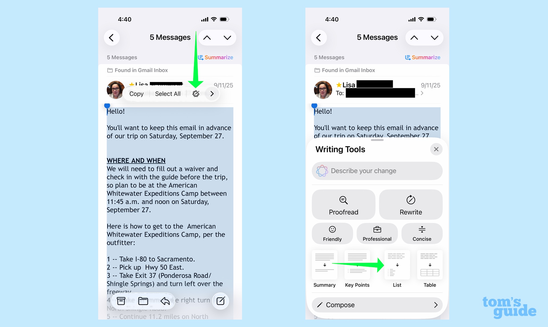 Using Writing Tools to turn an email into a list of to-dos for Reminders