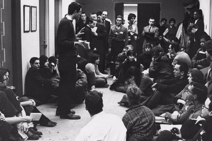 A purported young Bernie Sanders addressing a group of students