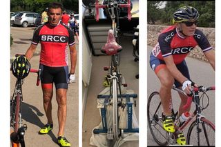 A montage of bike rider Richard Lacy, next to his bike, his home turbo set up and on the bike