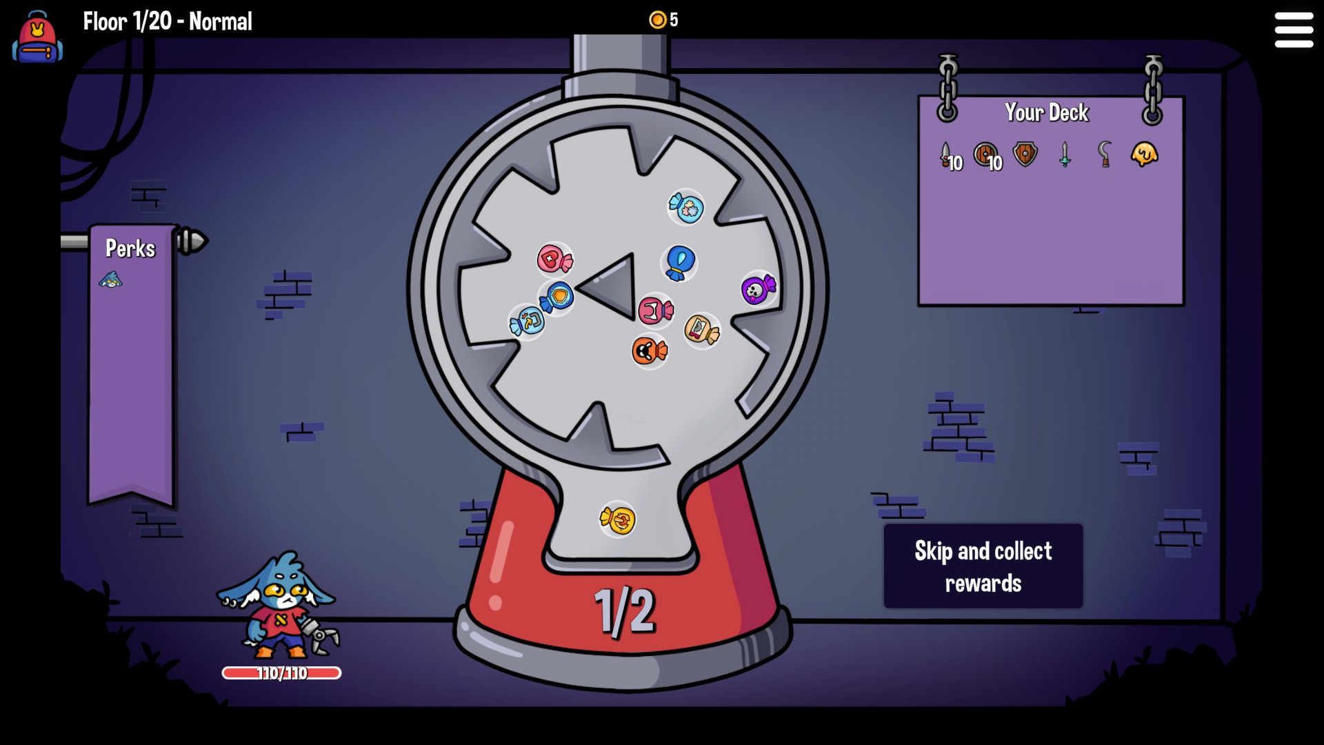 Several images showing gameplay of Dungeon Clawler, including a battle screen against ab oss, three randomly selected cards, and a pachinko machine.