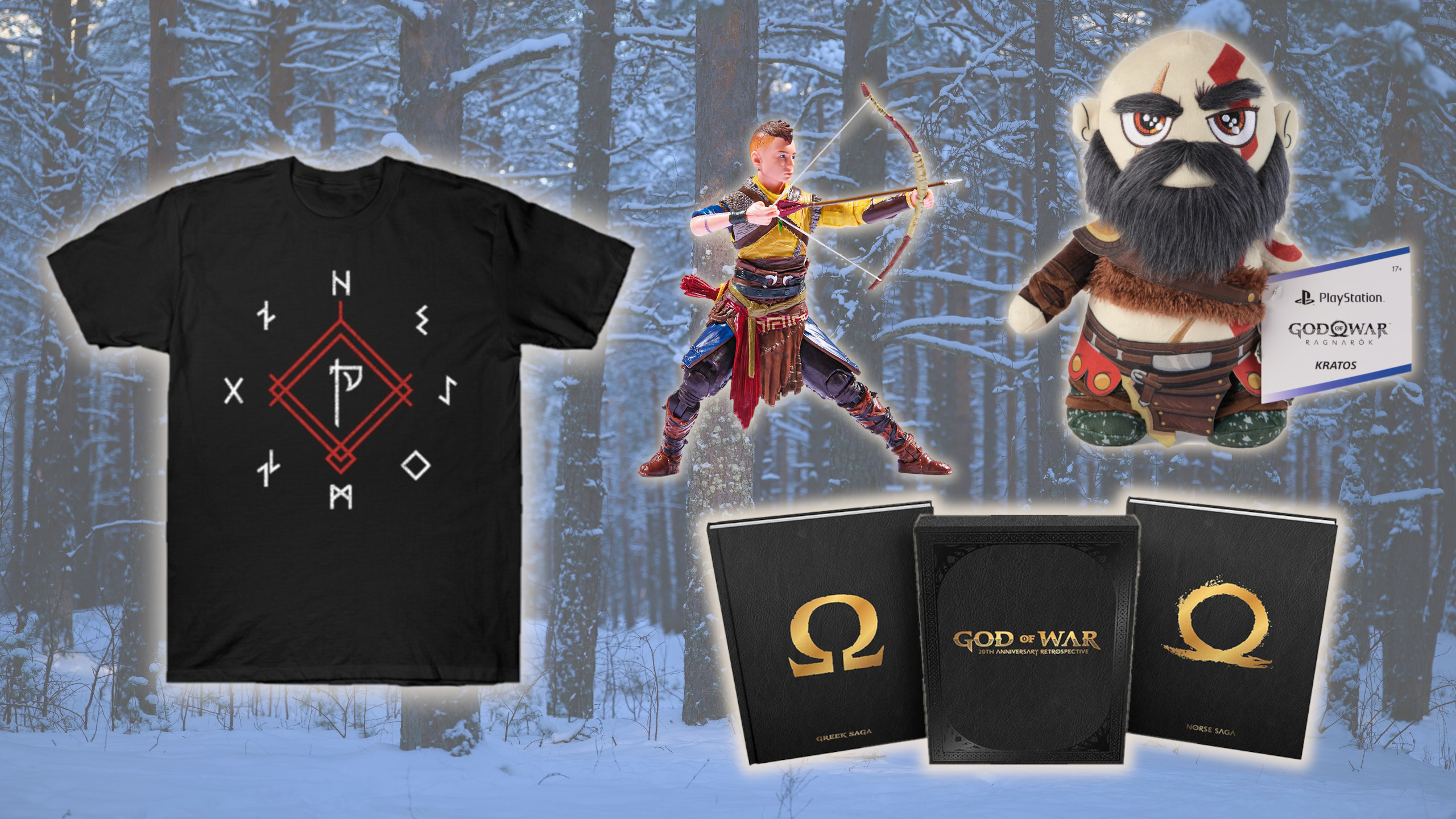 God of War merch on a snowy forest background
