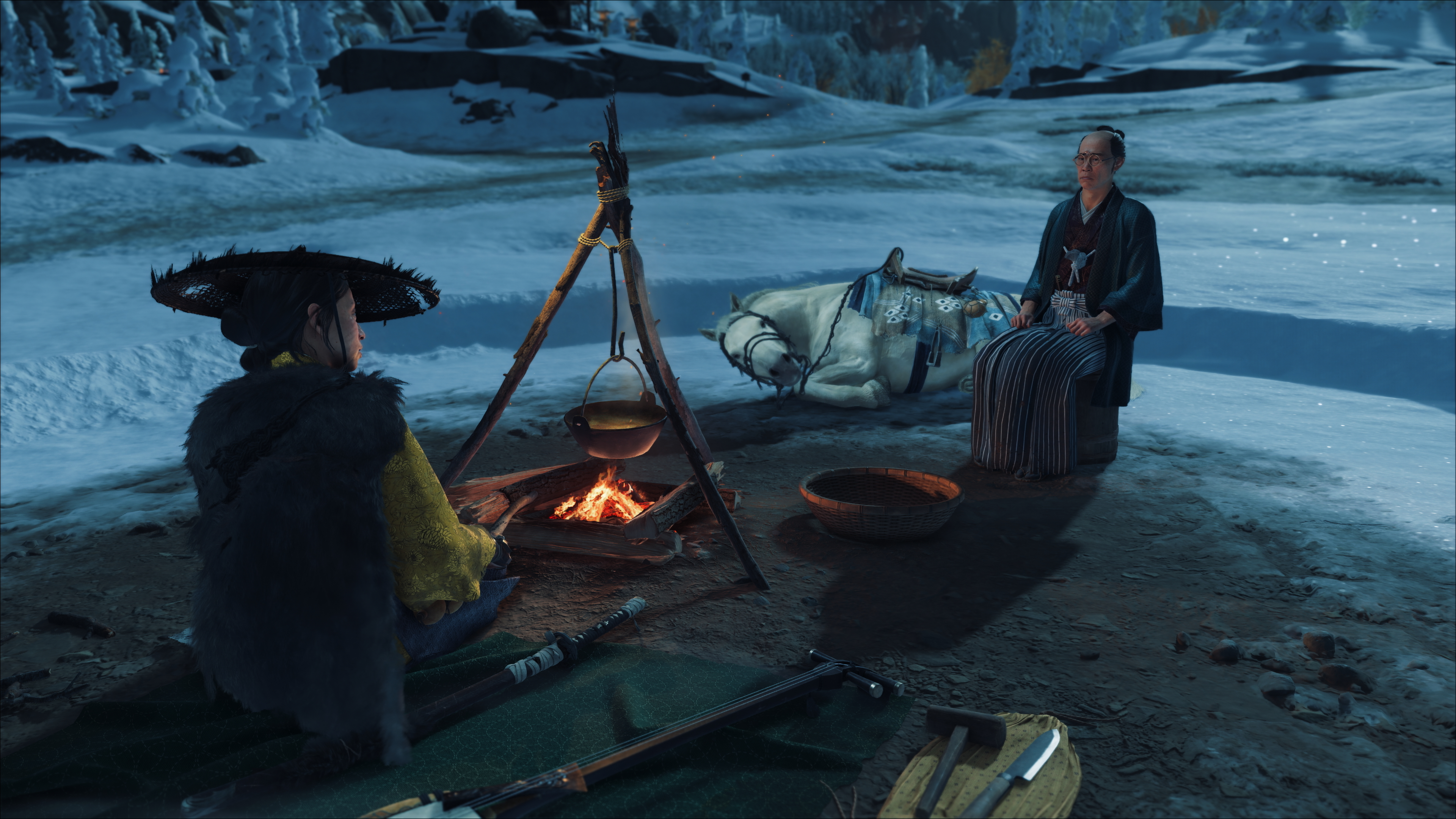 Ghost of Yotei screenshot showing Atsu sitting by a campfire with a guest, who is next to a sleeping horse