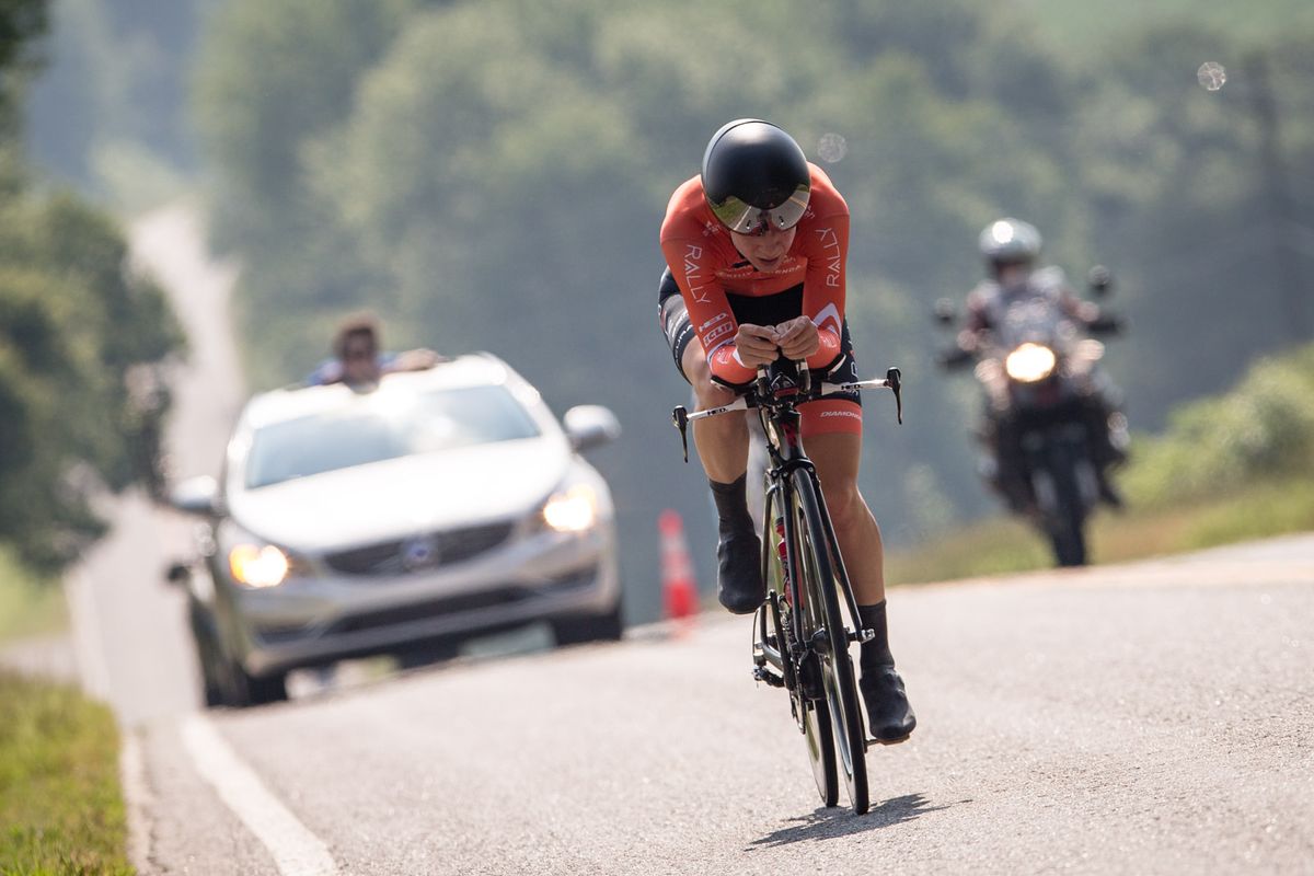 Heather Fischer (Rally Cycling) after the turn around at the US pro time trial championships.