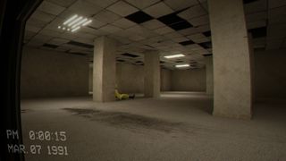 Dark Backrooms hallway with flickering ceiling lights, empty office-like rooms, and a figure lying on the floor in the distance.