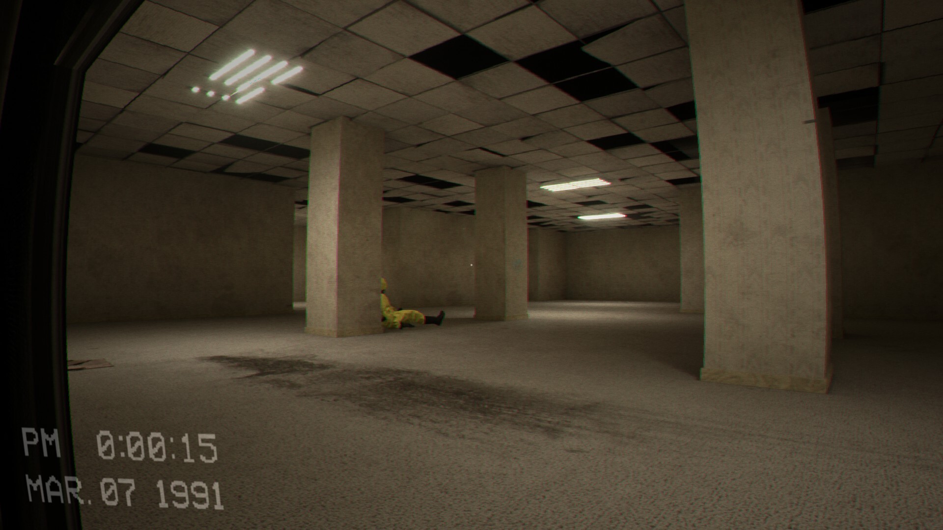 Dark Backrooms hallway with flickering ceiling lights, empty office-like rooms, and a figure lying on the floor in the distance.