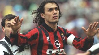 27 Jan 1996: Paolo Maldini of AC Milan in action during a Serie A match against Udinese at the Friuli Stadium in Udine, Italy. AC Milan won the match 2-0. \ Mandatory Credit: Allsport UK /Allsport