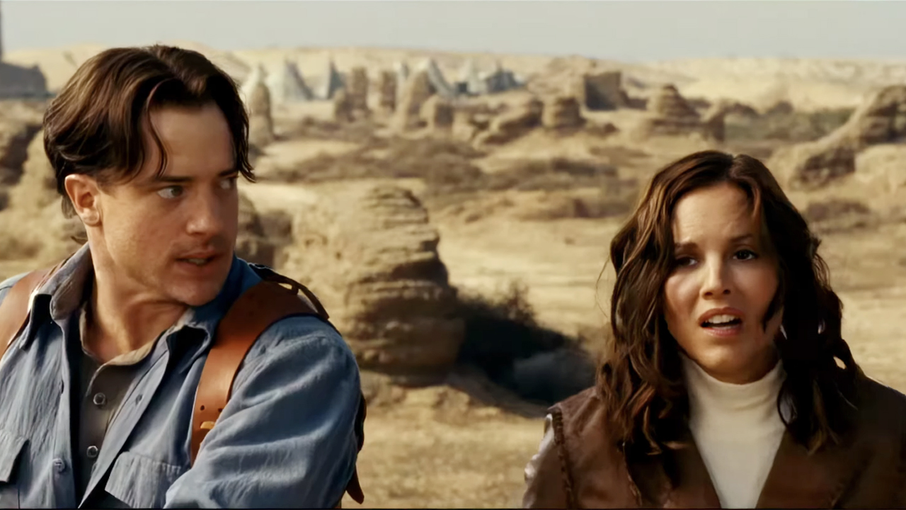 Brendan Fraser (Rick) and Maria Bello (taking over as Evie) in the third Mummy movie, The Tomb of the Dragon Emperor