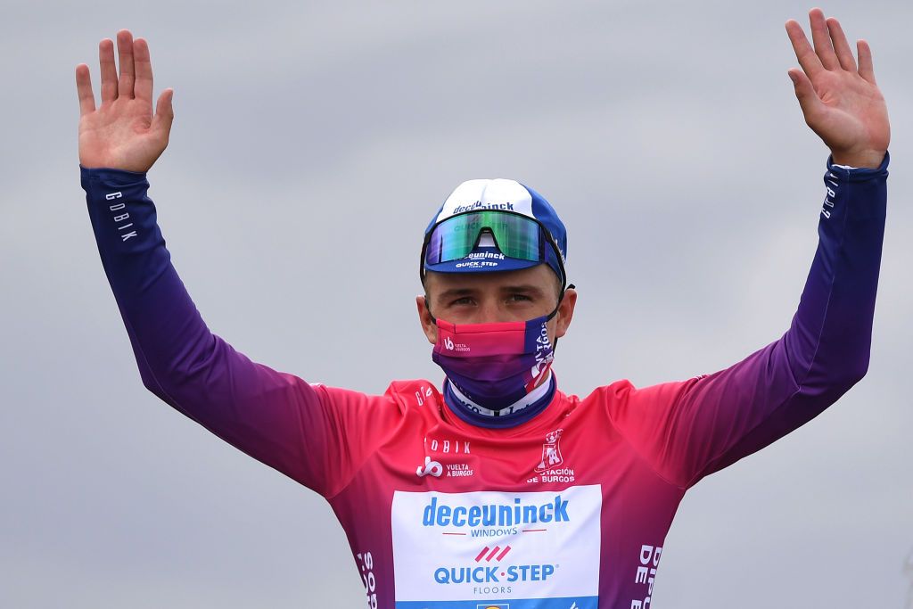 ESPINOSA DE LOS MONTEROS SPAIN JULY 30 Podium Remco Evenepoel of Belgium and Team Deceuninck QuickStep Purple Leader Jersey Celebration Trophy during the 42nd Vuelta a Burgos 2020 Stage 3 a 150km stage from Sargentes de la Lora to Espinosa de los Monteros Picn Blanco 1486m VueltaBurgos on July 30 2020 in Espinosa de Los Monteros Spain Photo by David RamosGetty Images