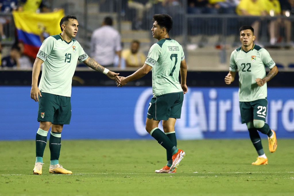 Bolivia Copa America 2024 squad Bruno Miranda #19 and Miguel Terceros #7 of Bolivia react following a goal scored by Terceros during the second half against Ecuador at Subaru Park on June 12, 2024 in Chester, Pennsylvania. (Photo by Tim Nwachukwu/Getty Images)