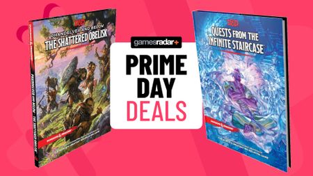 Keys from the Golden Vault and Quests from the Infinite Staircase books on a pink background, with a 'Prime Day deals' badge between them