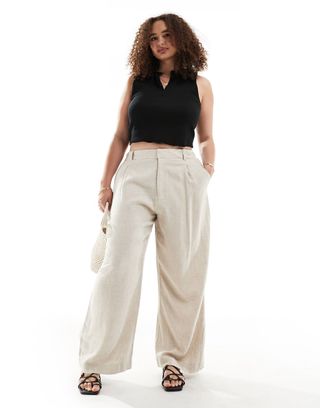 Asos Design Curve Wide Leg Dad Trouser With Linen in Natural