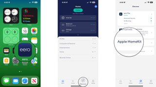 How to upgrade eero router to HomeKit Secure Router on iPhone by showing steps: Launch the eero app, Tap Discover, Tap Apple HomeKit.