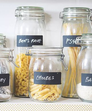 Glass kitchen pantry, organized jars