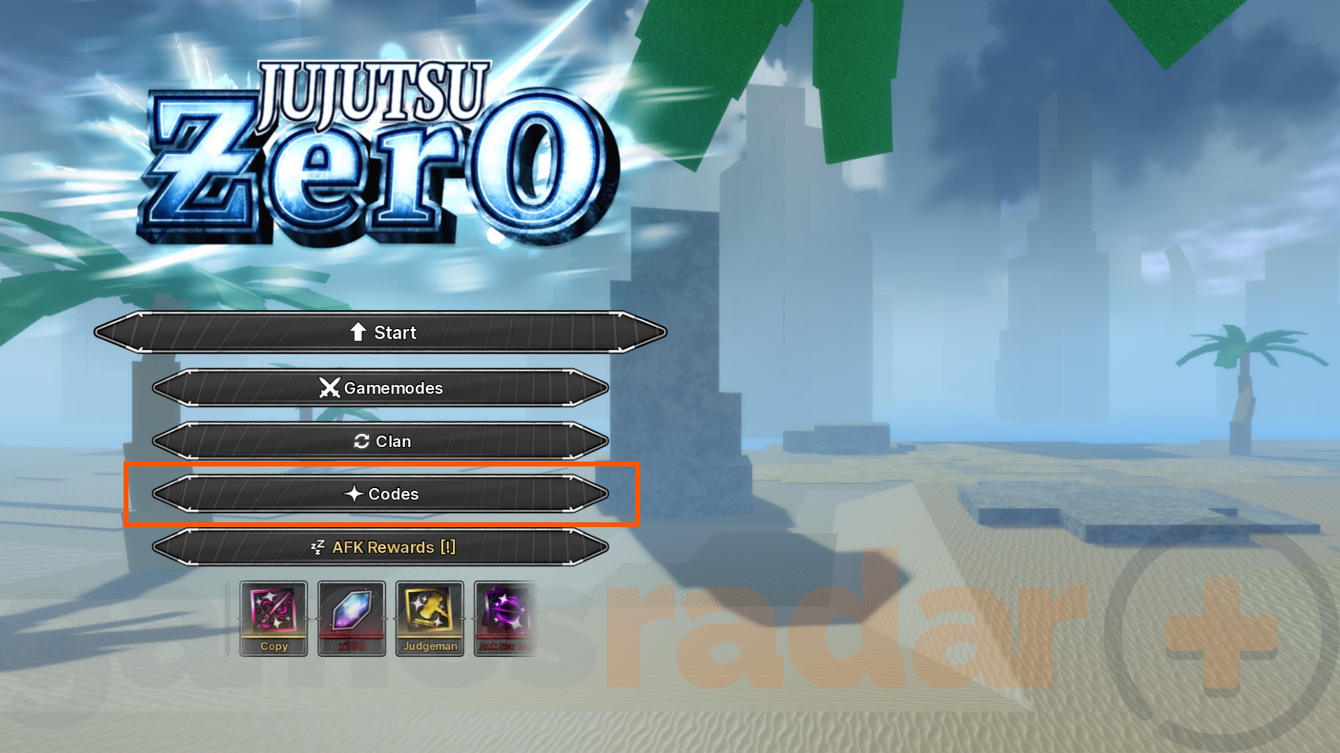 The Codes button on the main menu in Jujutsu Zero.
